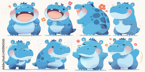 Adorable hippo cartoon icons set in flat style - charming animal vector art collection.
