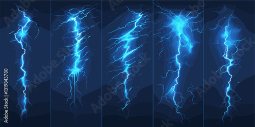 Electric lightning flat icons set – blue energy bolts collection in vector style.