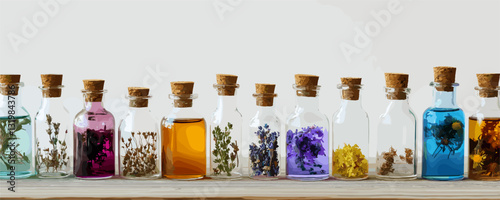 Flat icons set of apothecary bottles with dried flowers in transparent glass: vector style.
