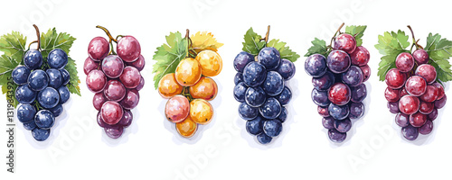 Flat vector icons set of grapes varieties in vivid colors.