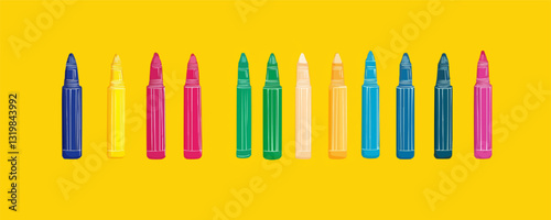 Colorful crayons vector flat icons set on yellow background.
