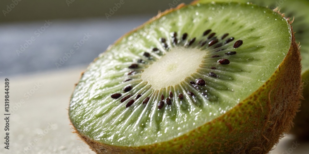 Bright green kiwi slices showcasing juicy pulp and tiny seeds on a countertop in a kitchen setting