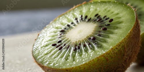 Obraz na płótnie Bright green kiwi slices showcasing juicy pulp and tiny seeds on a countertop in a kitchen setting w salonie