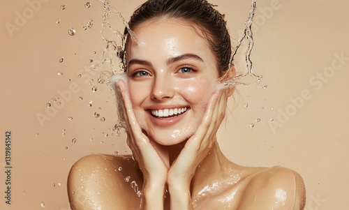 beautiful smiling mid age woman washes her face with water, she has a serene expression, against a beige background, in an advertisement for a skin rejuvenation.