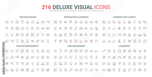 International company communication and management line icon set. Business meeting, focus on success and trends, data analysis from analyst, thin black and red outline symbols vector illustration