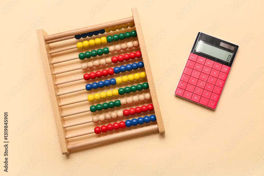 Wooden abacus and calculator on beige background. Concept of evolution Wooden abacus and calculator on beige background. Concept of evolution