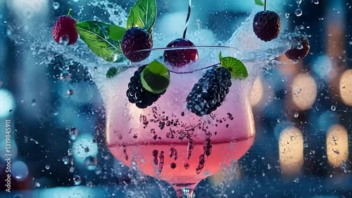 Sparkling cocktail with blackberries, cherry, and basil.