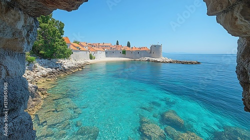 Fototapeta Naklejka Na Ścianę i Meble -  Croatian Beach Medieval Walls Seaside Town high resolution hd background