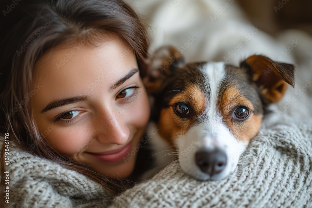 Smiling woman enjoys heartwarming moment with her Jack Russell companion Smiling woman enjoys heartwarming moment with her Jack Russell companion