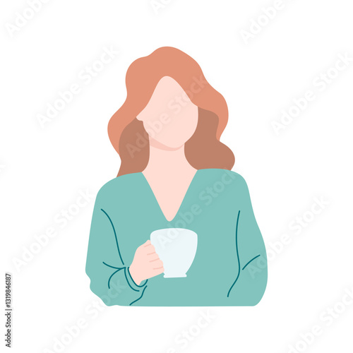 Brown-haired girl with a cup. Vector illustration of a girl with long hair holding a cup of coffee or tea, isolated on a white background. Flat style.