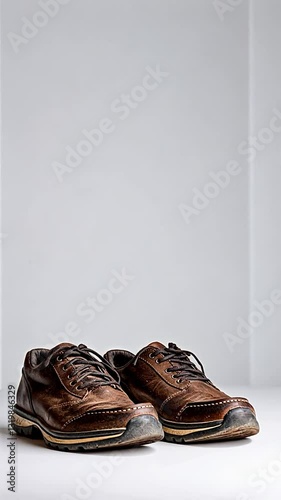 Worn brown leather shoes placed on a minimalist background, highlighting their vintage style and character