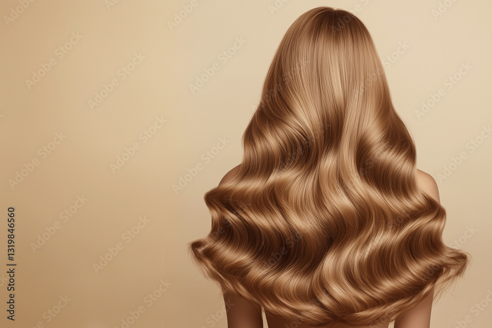 Fototapeta premium Close-up of curls and frizzy shiny blonde hair . Hair colorind or shades . Soft wavy hair styling. View from the back. For advertising hair care products.