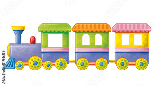 Kawaii cartoon train adventure playful landscape digital illustration bright colors whimsical design