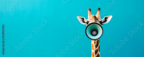 A giraffe has a megaphone in front of its face