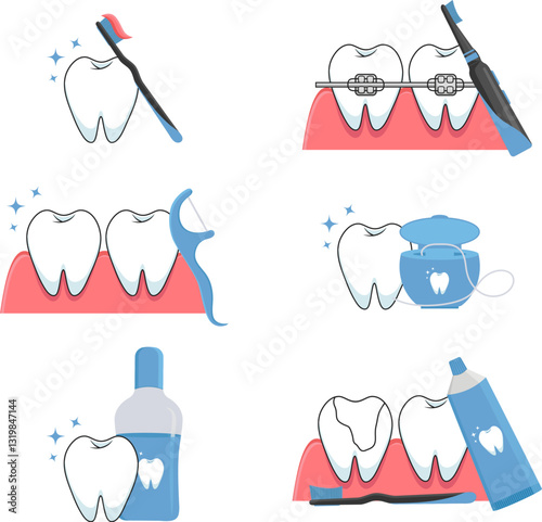 Dental care. Vector illustration of oral hygiene products s teeth set