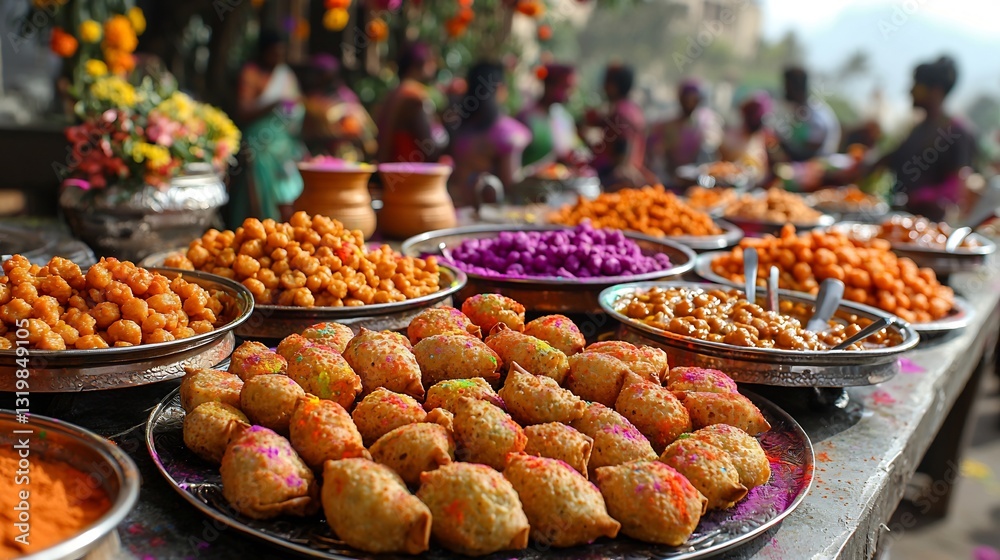 Obraz premium Lively Holi celebration scene featuring people enjoying traditional Indian snacks like samosas and masala chana with colorful powders filling the air and bright festive decor