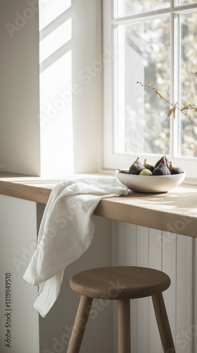 Bright airy kitchen nook features a wooden breakfast bar with a linen napkin and fresh figs, perfectly lit by morning sunlight for a serene dining experience