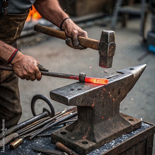 Hands of a Blacksmith Holding Hot Metal with Tongs and Hammering on an Anvil. Traditional Forging and Artisan Metalwork.