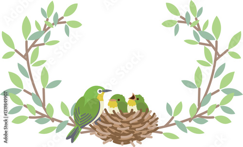 メジロ　親子　巣作り　リース　野鳥　鳥