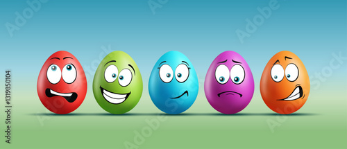 Color realistic eggs with funny faces on gradient background. Different emotions, cartoon smile. Set of eggs emoji banner. Happy Easter holiday art illustration.