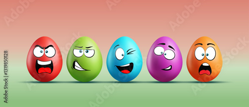 Color realistic eggs with funny faces on gradient background. Different emotions, cartoon smile. Set of eggs emoji banner. Happy Easter holiday art illustration.