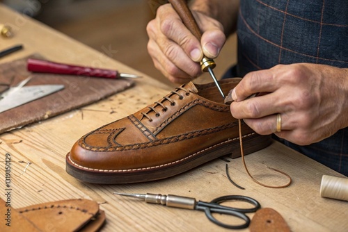 Hands of a Shoemaker Stitching Leather with a Traditional Awl. Artisan Craftsmanship and Handmade Footwear Detailing.