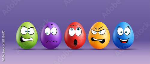 Color realistic eggs with funny faces on gradient background. Different emotions, cartoon smile. Set of eggs emoji banner. Happy Easter holiday art illustration.