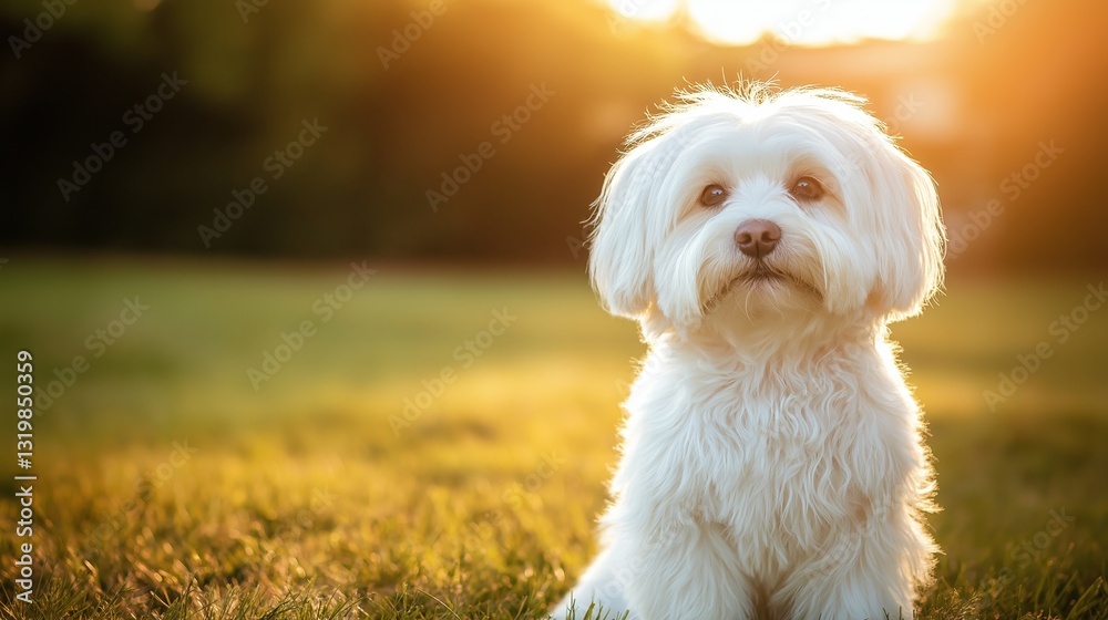 Coton de Tulear dog enjoys a warm sunset in a grassy field surrounded by soft colors and natural light Coton de Tulear dog enjoys a warm sunset in a grassy field surrounded by soft colors and natural light