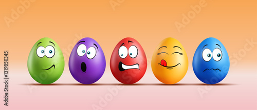 Color realistic eggs with funny faces on gradient background. Different emotions, cartoon smile. Set of eggs emoji banner. Happy Easter holiday art illustration.