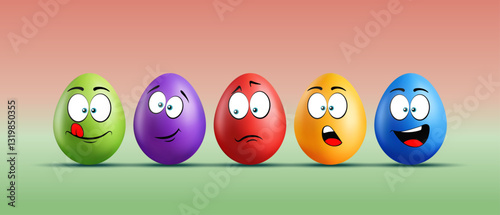 Color eggs with funny faces on gradient background. Different emotions, cartoon smile. Set of eggs emoji. Happy Easter holiday illustration.