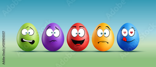 Color realistic eggs with funny faces on gradient background. Different emotions, cartoon smile. Set of eggs emoji banner. Happy Easter holiday art illustration.