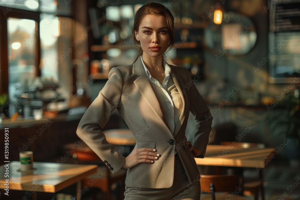 Fototapeta premium Professional Woman in Business Attire Standing Confidently in a Modern Cafe Setting