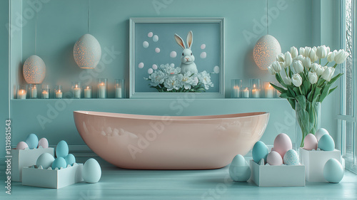 Luxury modern bathroom with pale teal walls and large Pale pink modern bathtub with Easter decorations.	
