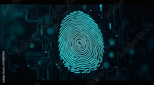 Futuristic biometric fingerprint scanner with digital authentication and cyber security technology interface