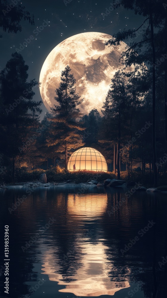 Fototapeta premium A luminous full moon shining above a forest and water