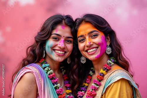 Women in White Sarees Covered in Bright Holi Colors, Celebrating the Festival of Colors
 photo