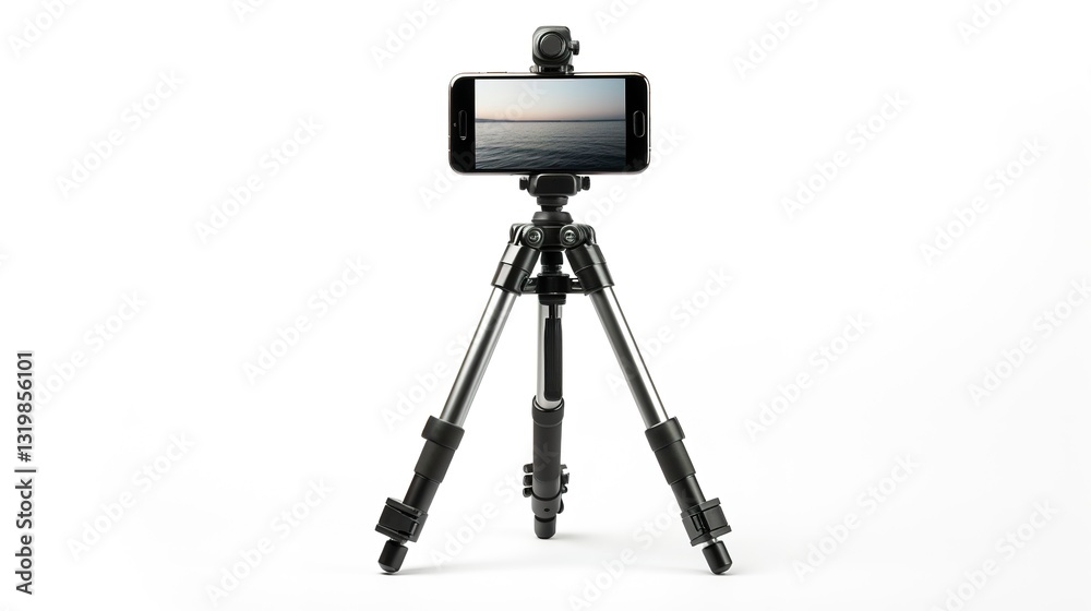 A photo of a camera tripod with a phone