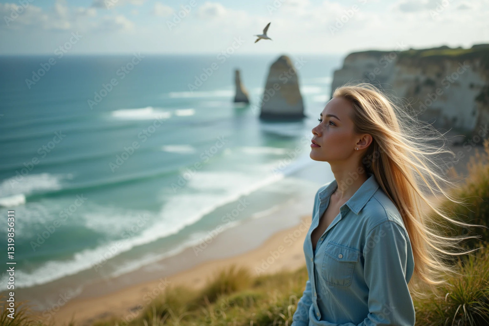 Beautiful Woman with Long Blond Hair Gazing at Stunning Sea Landscape
Beautiful Woman with Long Blond Hair Gazing at Stunning Sea Landscape