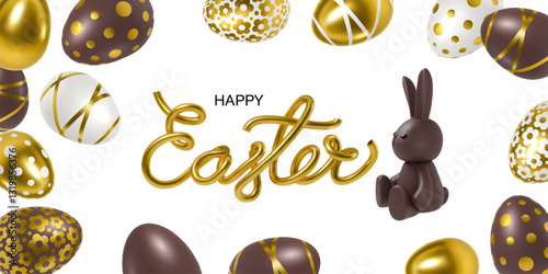 3D chocolate Easter bunny with chocolate eggs featuring golden polka dots, stripes, floral patterns on white background. Festive banner for greeting cards, invitations, seasonal designs, holiday ads
