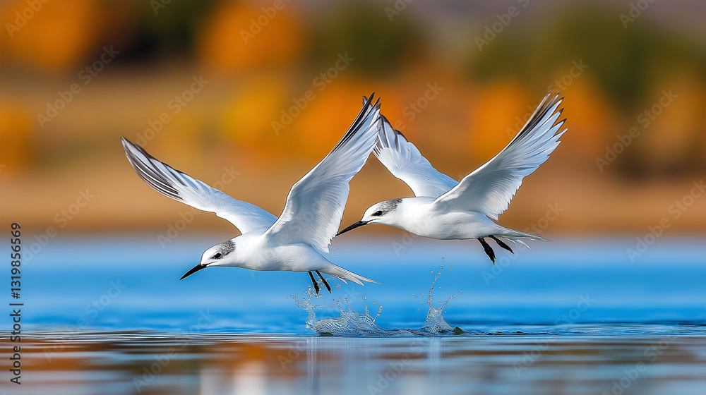 Terns Dive Into Water While Hunting in a Serene Lake During Autumn Terns Dive Into Water While Hunting in a Serene Lake During Autumn