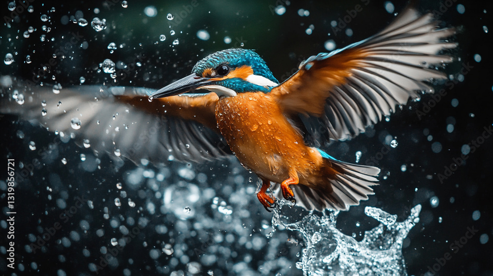 Fototapeta premium Kingfisher Diving Into Water Creating Splashes in a Vibrant Natural Setting