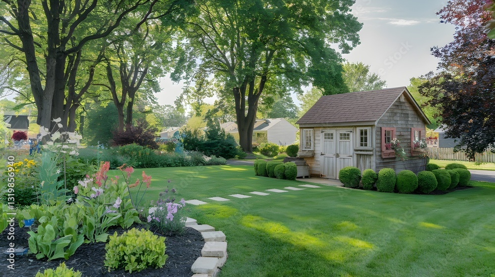 Naklejka premium Backyard Garden with a Rustic Wooden Shed