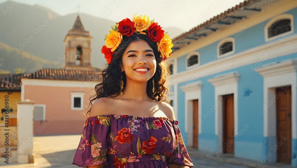 Fototapeta premium A young woman with a radiant smile wears a vibrant floral off-shoulder dress and an elaborate crown of orange, yellow, and red flowers in her hair. Her warm brown skin glows in natural sunlight, and 