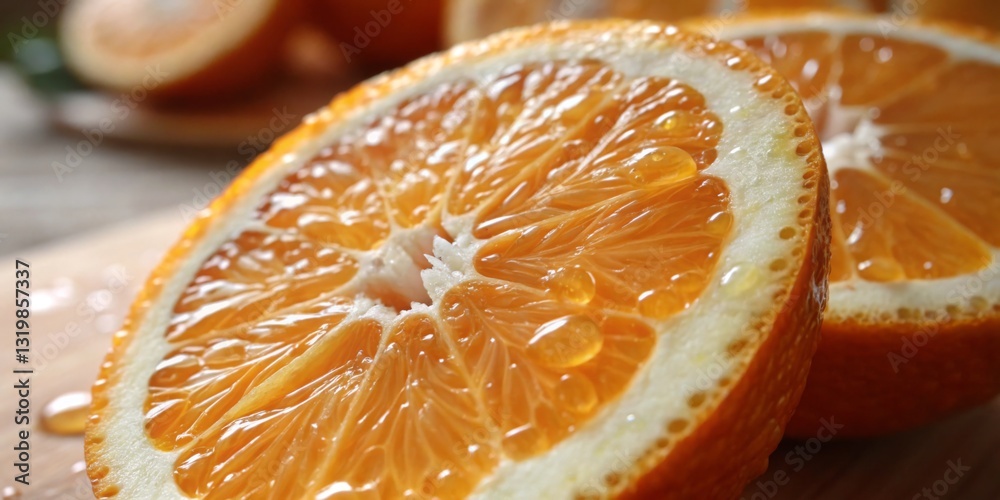 Freshly sliced oranges reveal juicy segments with vibrant color at a kitchen countertop during afternoon preparation