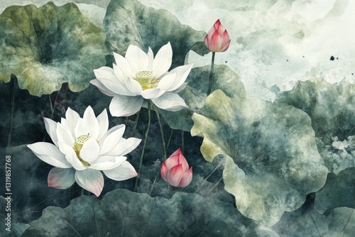 Delicate Watercolor Lotus: A Beautiful Asian Botanical Illustration with Blooming Blossoms and Artistic Borders