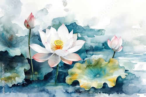 Elegant Bloom: White Lotus Watercolor Botanical Art for a Stunning Asian-inspired Background