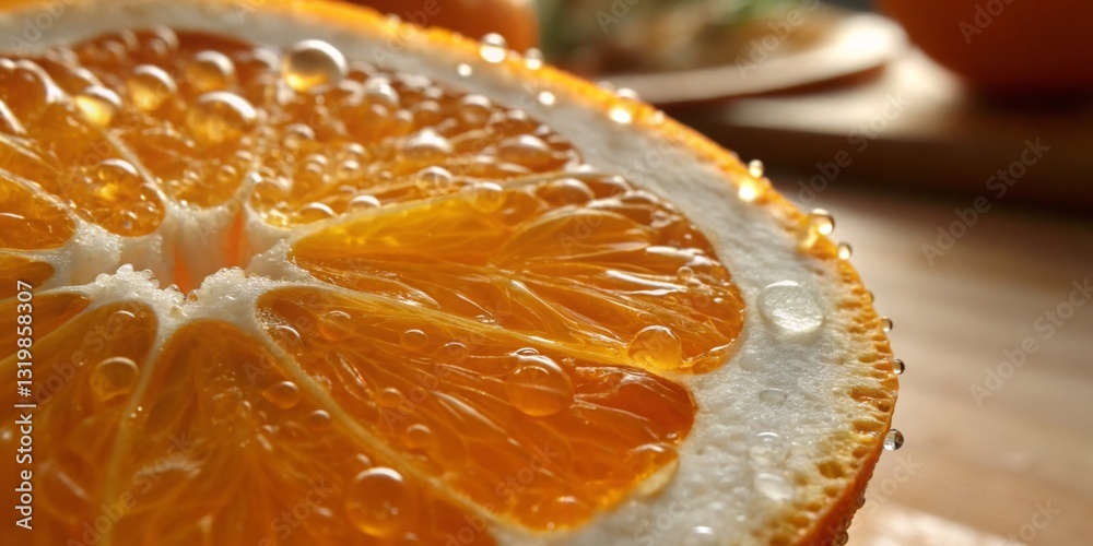 Juicy orange slice with droplets captured in close-up revealing vibrant texture and freshness in natural light