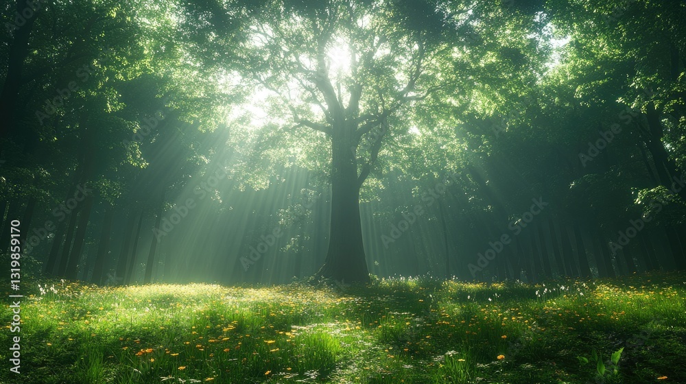 Obraz premium Sunbeams illuminate a lush forest clearing, wildflowers carpet the ground around a majestic tree. Perfect for illustrating tranquility, nature, or fantasy themes.