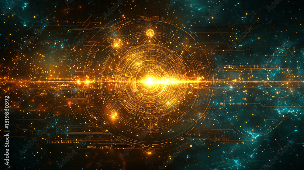 Fototapeta premium A futuristic sacred geometry pattern blending golden ratio elements with celestial light, symbolizing universal connection.