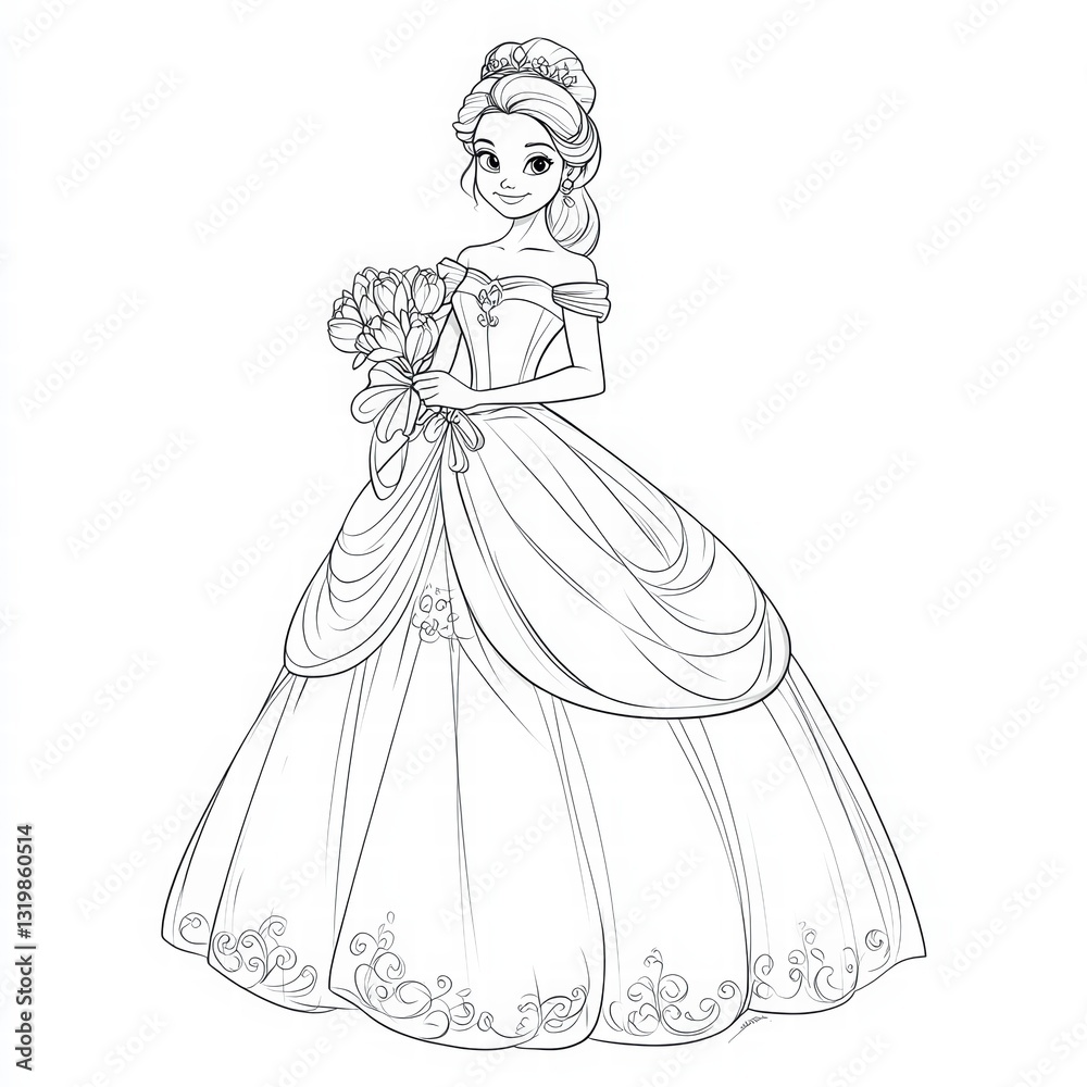 Elegant Princess Sketch: A beautiful princess in a ballgown holding a bouquet of flowers, captured in a graceful black and white line art style. Elegant Princess Sketch: A beautiful princess in a ballgown holding a bouquet of flowers, captured in a graceful black and white line art style.